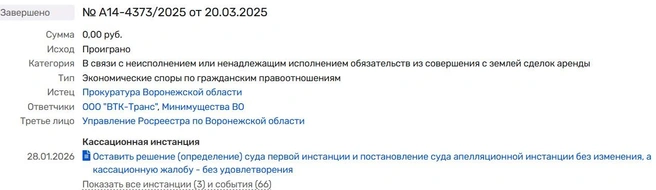 Три суда признали сделку воронежского минимущества с «ВТК-Транс» незаконной, а в мэрии этого не заметили | Источник: Rusprofile.ru
