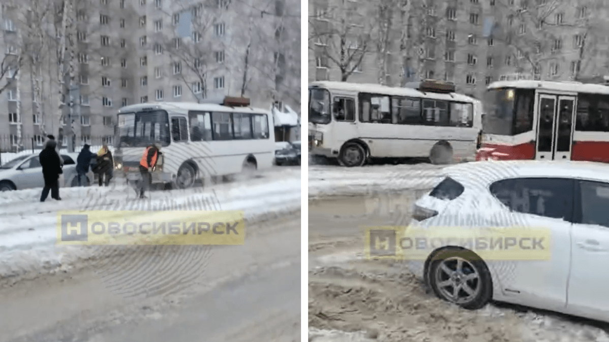 В Новосибирске пассажиры вышли из автобуса, чтобы вытолкать его из сугроба — видео