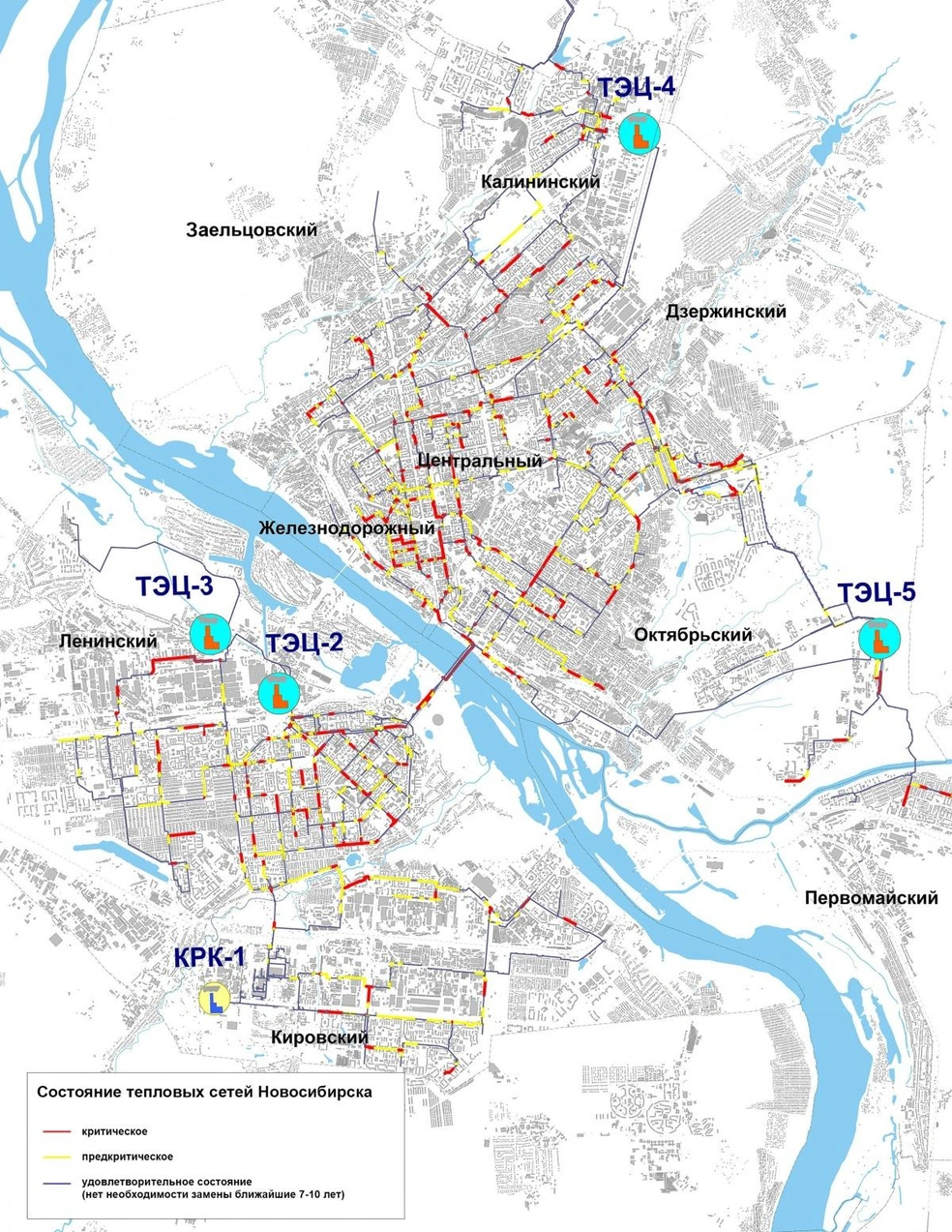 Красным цветом на карте отмечены теплосети, которым требуется срочная замена. Состояние желтых оценивают как «предкритическое». Трубам серого цвета замена не требуется в ближайшие 7–10 лет | Источник: «Сибирская генерирующая компания»