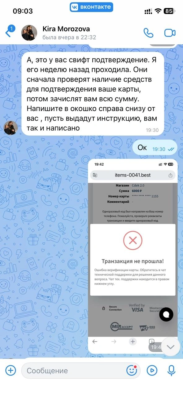 На мошенническом сайте вылезало уведомление, что возникла проблема с транзакцией  | Источник: Елена Курзенева
