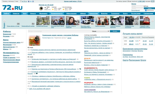 Май 2013 года. На сайте, помимо новостей разного толка, были блоги, гороскопы, банковские калькуляторы, погода и курс валют. | Источник: Юрий Скулыбердин / Городские медиа