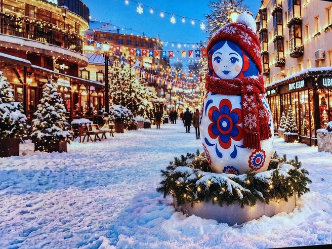 Выборы прошли, а матрешка, их символ, на переходной улице Дзержинского осталась. Ей, видимо, предлагают выдать шарф+шапку, и пускай стоит дальше | Источник: Павел Красоткин / 72.RU
