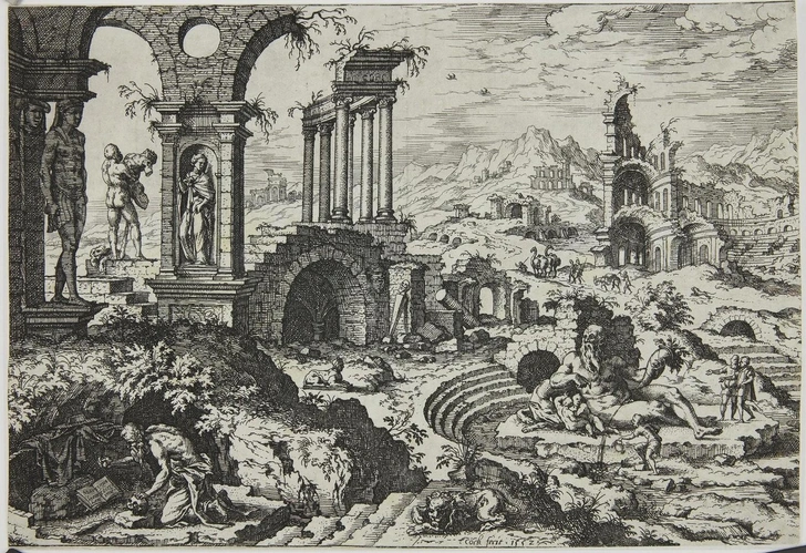 Пейзаж с руинами с кающимся Иеронимом. Гравер Иероним Кок. Автор композиции Мартен ван Хемскерк. Время создания доски: 1552 | Источник: ГМИИ им. А.&nbsp;С.&nbsp;Пушкина