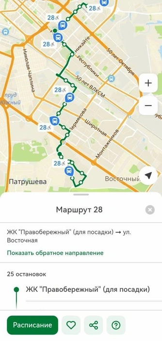 Узнать, как автобус идет по городу&nbsp;— легко. Надо выбрать маршрут и нажать «на карте» | Источник: Павел Красоткин / 72.RU