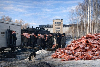 Редкий снимок разгрузки мяса в Челябинске 1918 года