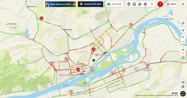Красноярск «горит» красным после града | Источник: 2gis.ru