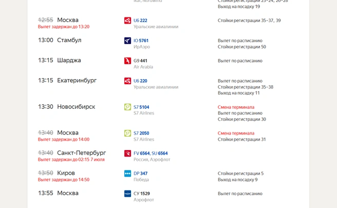 Табло по состоянию на 12:00 | Источник: rasp.yandex.ru