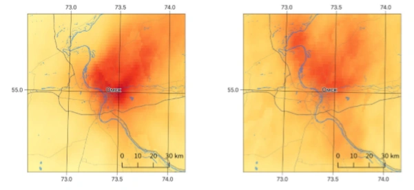 Поля концентраций диоксида азота в Омске в марте (слева) и апреле (справа) 2020 года | Источник: Росприроднадзор