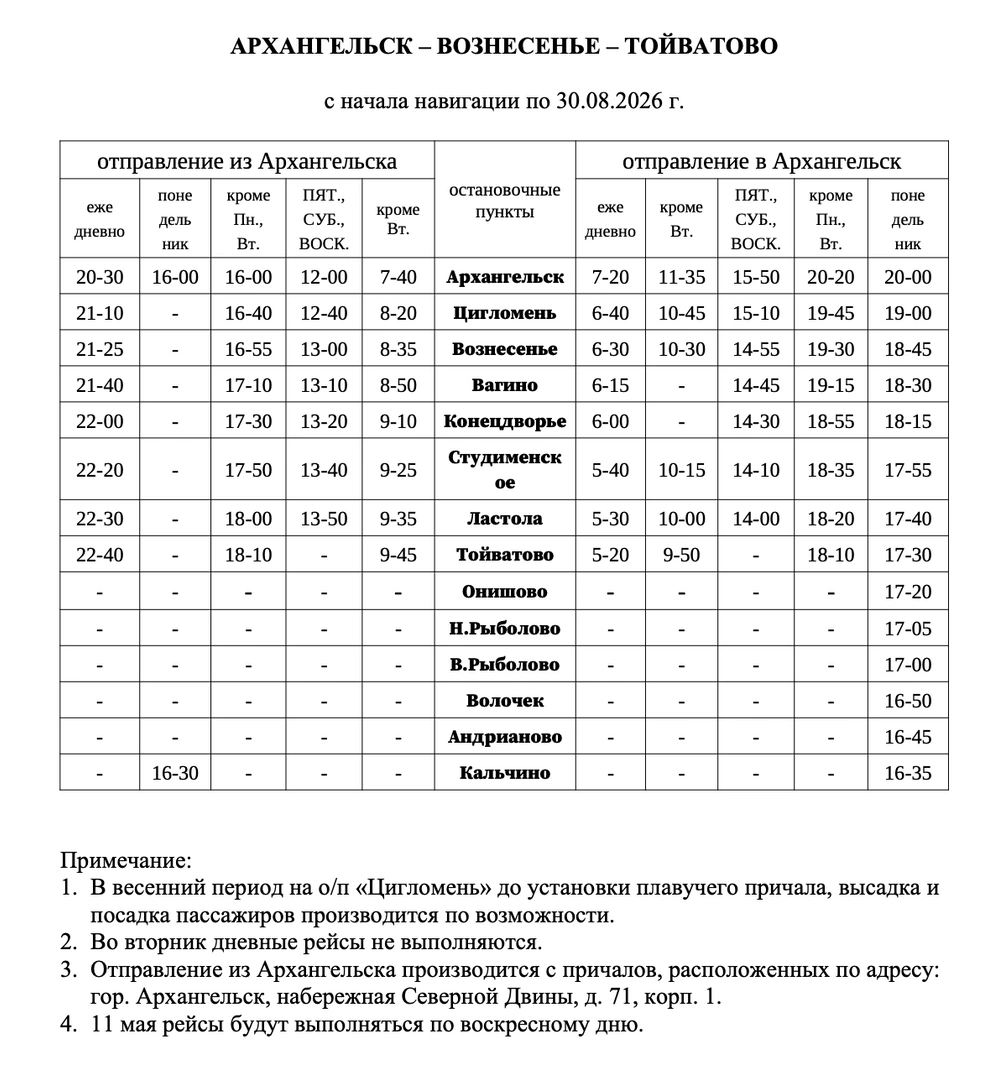 Расписание на лето 2026 года | Источник: arpnet.ru