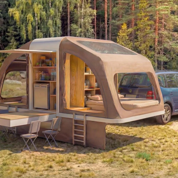 Двухкомнатная палатка с кухней: взгляните на оригинальный проект автоприцепа, который превращается в походное жилье