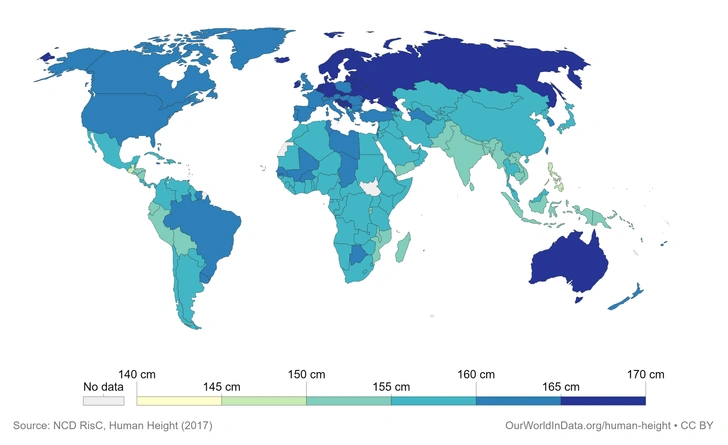 Карта: средний рост женщин в каждой стране мира