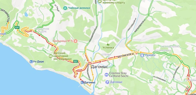 Пробка в районе Дагомыса  | Источник: yandex.ru/maps