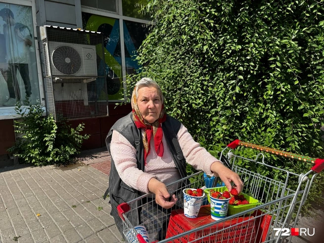 Знакомьтесь, это трудолюбивая пенсионерка Валентина Владимировна. Последнюю неделю она торгует на улице своими ягодами с огорода  | Источник: Мария Токмакова / 72.RU