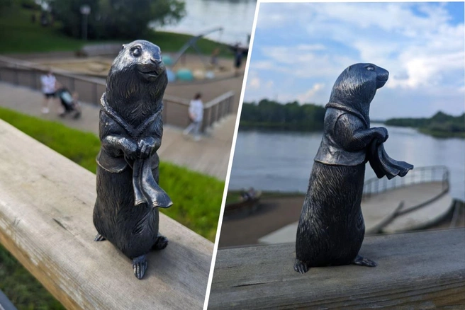 Фигурка стоит на правом берегу | Источник: @krasgorpark / Telegram