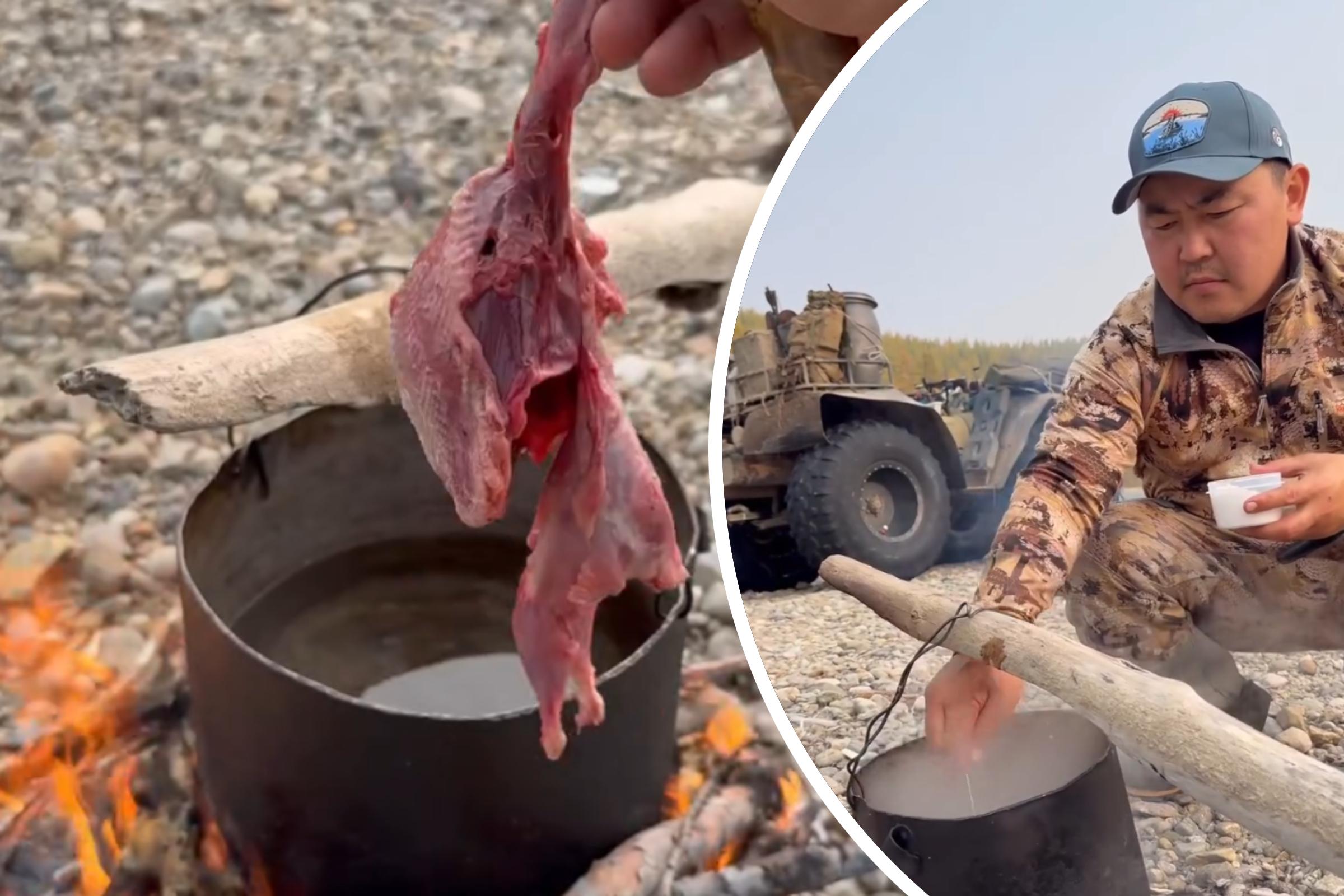 Кусок дикого мяса и вода из речки. Панда Саха показал, как быстро сварить шикарную похлебку на кост…