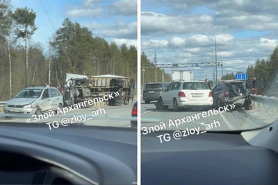 Опрокидывание грузовика под Северодвинском попало на видео