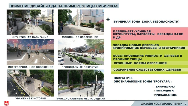 Примеры применения дизайн-кода на улице Сибирской | Источник: презентация Елены Ермолиной, опубликованная на сайте мэрии Перми