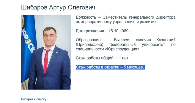 У Артура Шибарова стаж работы в отрасли — всего пять месяцев | Источник: Yuresk.ru