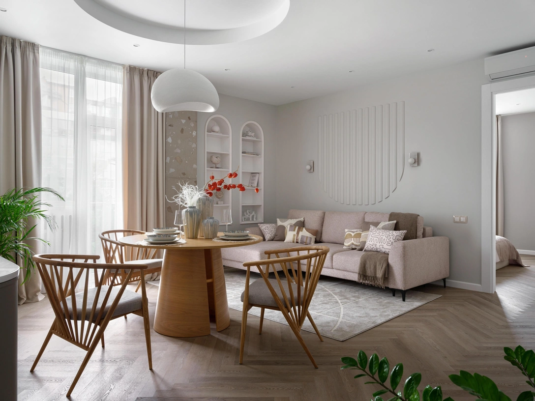 Напольное покрытие Millennium, Rockfloor. Краска, Dulux. Стол и стулья, DeepHouse. Диван, «Красный диван». Ковер, «Ковер.ру». | Источник: Мария Войнова. Стиль: Алена Бершацкая