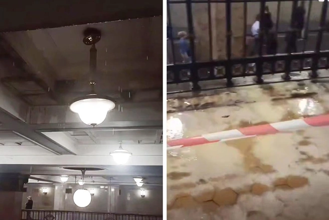 Очевидцы заметили воду на балконах вестибюля станции метро «Комсомольская» | Источник: Москва с огоньком / T.me