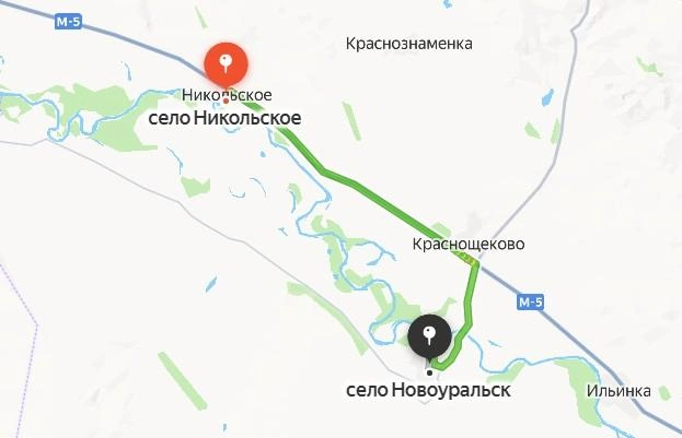 Попасть из одного села в другое можно по трассе М-5, которую также называют «Оренбург-Орск» | Источник: Яндекс.Карты