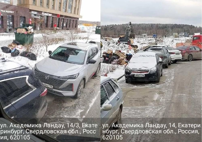 На этих кадрах с регистратора видно, что мусоровоз стоит рядом с баками, но подвезти их к грузовой машине невозможно из-за плотного кордона из легковушек | Источник: Предоставлено «Спецавтобазой»