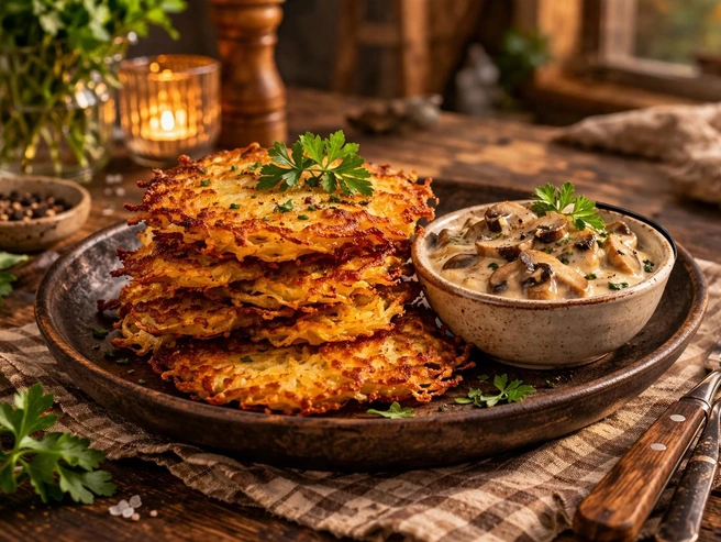 Хрустящие драники с грибным соусом&nbsp;— сытная классика без мяса, которая исчезает со стола первой | Источник: GPT