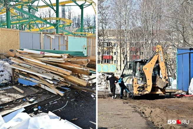 Рядом с аттракционами лежат доски, а в парке ездят погрузчики и тракторы | Источник: Василина Любимова / 59.RU