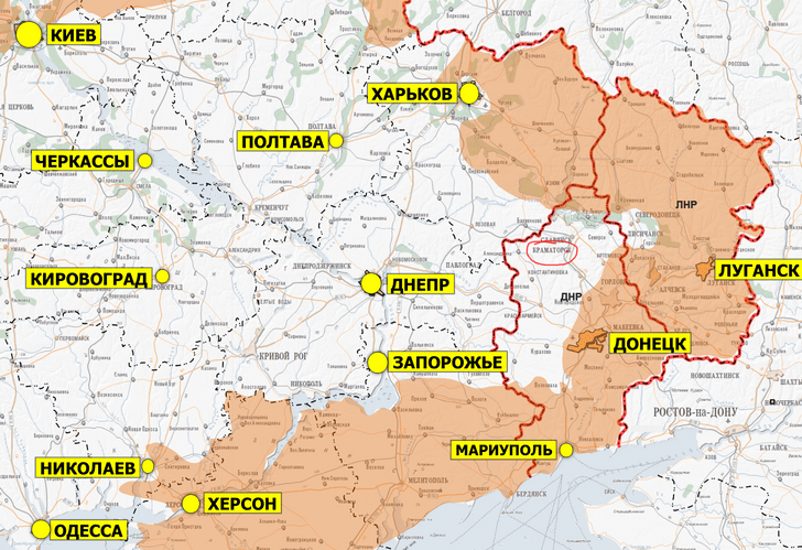 В силу меняющейся ситуации карта театра спецоперационных действий не вполне актуальна, но зато на ней видно, где расположен Краматорск.