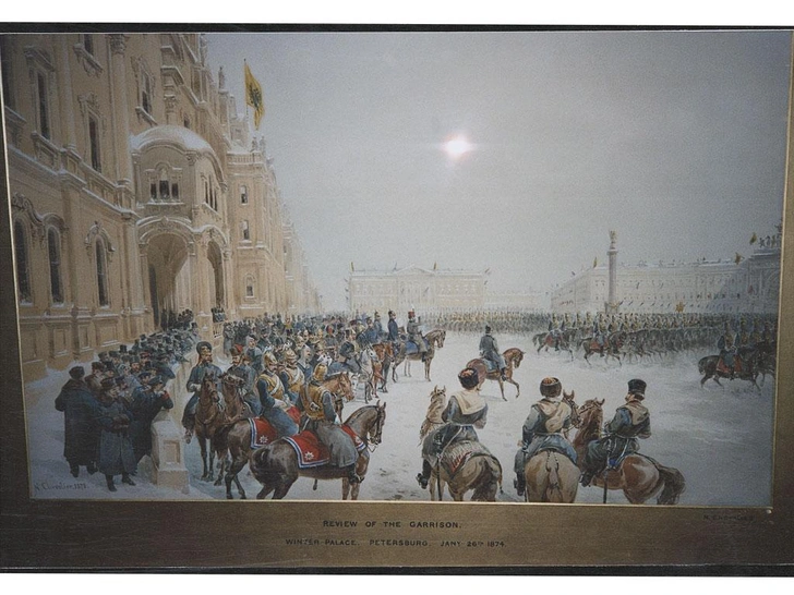 Николя Шевалье. «Большой смотр личной гвардии императора Российского в Санкт-Петербурге, 26 января 1874 года». 1876. Бумага, акварель, карандаш. 68 x 90,8. Королевская коллекция, Лондон | Источник: архив пресс-служб