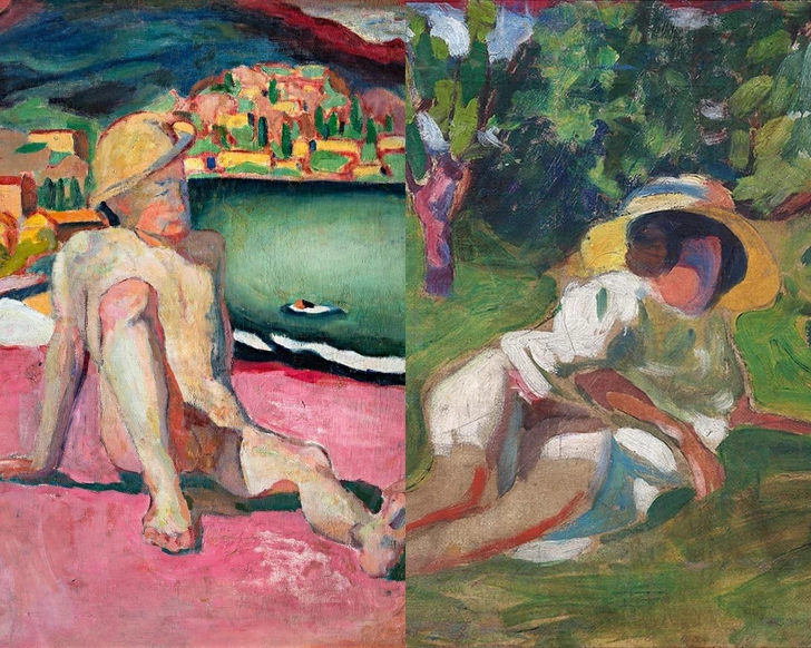 Слева: Аристарх Лентулов. Натурщик на пляже. Ялта. 1909; Справа: Аристарх Лентулов. Женщина на солнце. 1909-1910.