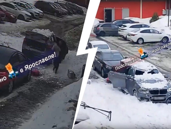 Автомобиль с ребенком внутри пострадал от падения снежной глыбы с крыши. | Источник: ПОДСЛУШАНО в ЯРОСЛАВЛЕ! / Vk.com