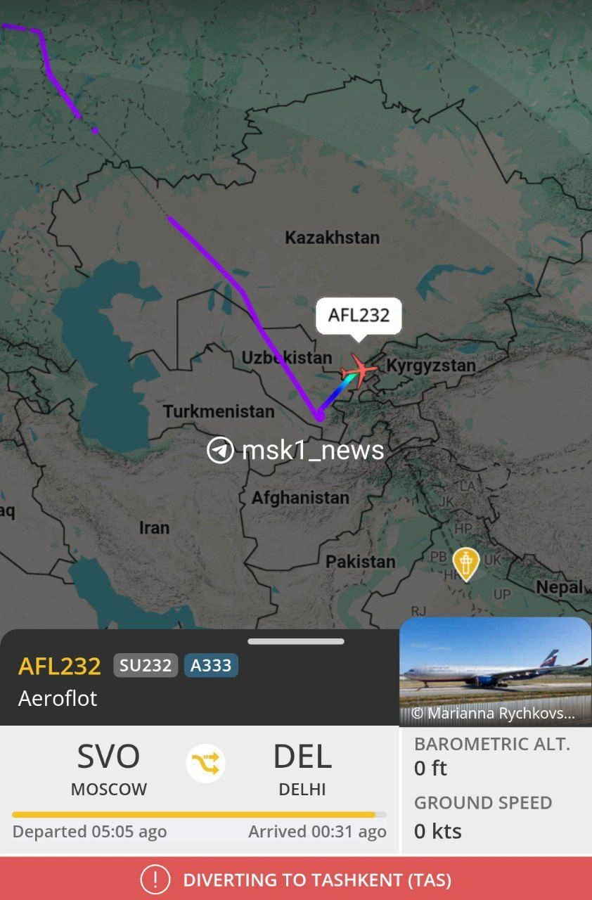 Рейс «Аэрофлота» Москва — Дели экстренно садится в Ташкенте | Источник: flightradar24.com