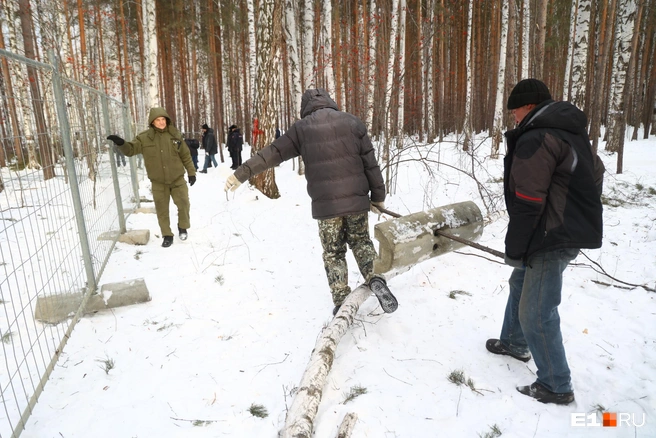 Пришли во всеоружии: жительница Краснолесья встала на защиту Березовой рощи с мечом | Источник: Владислав Лоншаков / E1.RU 