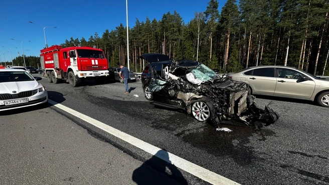 Половина машины — всмятку. Легковушка попала в жесткое ДТП на «Сортавале» — фото | Источник: ОУ «Пожарно-спасательная служба МО» Агалатовское