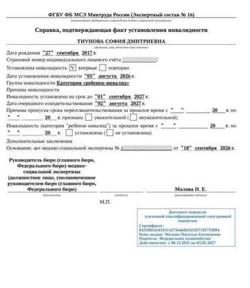 Справка, подтверждающая инвалидность Софии | Источник: предоставлено Анастасией Тиуновой