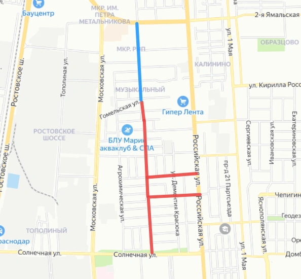 Красным на карте отмечен первый этап работ, голубым&nbsp;— второй