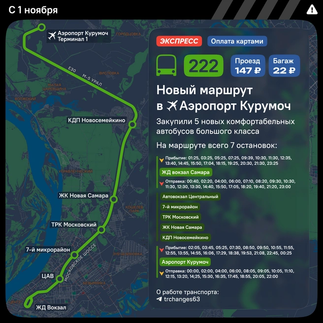 Подробное расписание работы нового маршрута | Источник: «Изменения маршрутов | Самара» / T.me