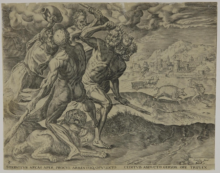 Бой Геркулеса с Герионом. Лист 8 из серии «Труды Геркулеса». Гравер Корнелис Корт, автор композиции Франс Флорис де Фриндт. Время создания доски: 1563 | Источник: ГМИИ им. А.&nbsp;С.&nbsp;Пушкина