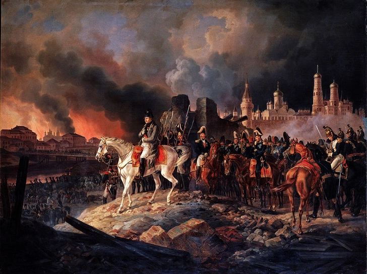 Наполеон в горящей Москве. Адам Альбрехт. Холст, масло. 1841 год. Фрагмент