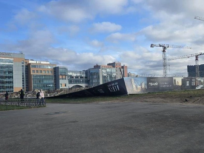 Забор строительной площадки у Университета имени Бонч-Бруевича повален ветром. | Источник: читательница «Фонтанки»