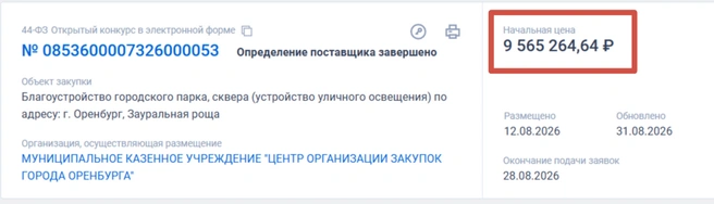 Мэрия предлагала более 9,5&nbsp;млн рублей | Источник: «Госзакупки»