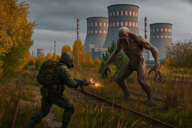 Мы прислали нейросети один из наших снимков и попросили изобразить сражение сталкера и мутанта на фоне АЭС — и вот что вышло | Источник: ChatGPT