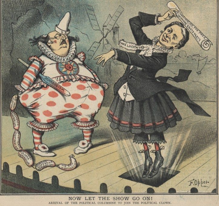 Феминистическая карикатура 1866 года, на которой политик-мужчина изображен клоуном.