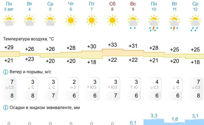 Больше всего осадков выпадет 10 августа, чуть меньше — 12 | Источник: Gismeteo