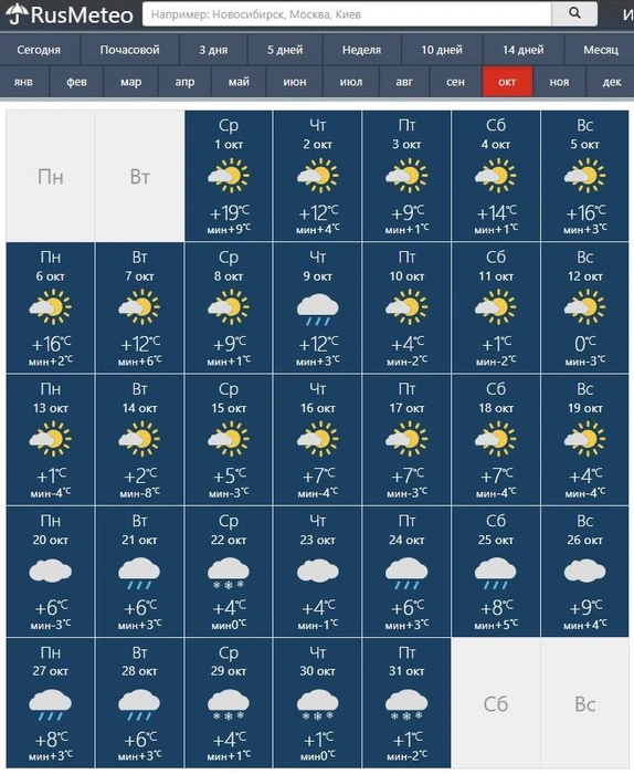 Снег ожидается 29, 30 и 31 октября | Источник: rusmeteo.by