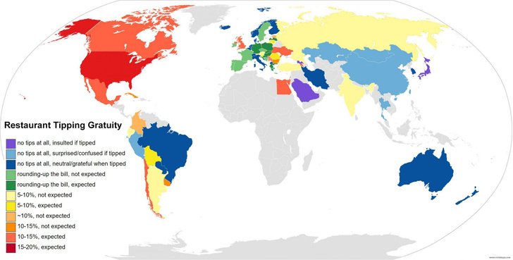 Карта: сколько чаевых положено давать официантам в разных странах мира