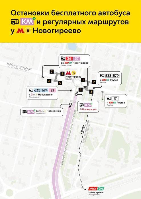 Схема остановок возле метро «Новогиреево» | Источник: Дептранс.Оперативно / T.me