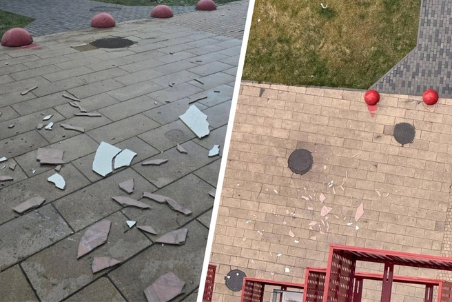В ЖК «Городские истории» в Новой Москве обрушился фасад | Источник: Изнанка Москвы / T.me, ЖК «Городские истории» / T.me