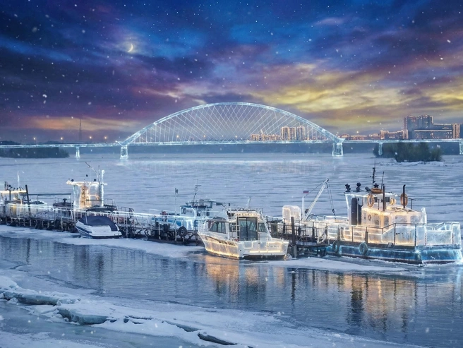 В таких условиях прогулочные катера пришлось бы переоборудовать в мини-ледоколы. Зато Бугринский мост наконец-то светится без участия городских властей. | Источник: Александр Ощепков, Юрий Орлов / Городские медиа